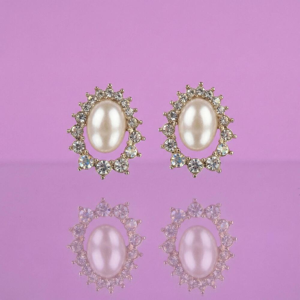 Vintage-Style Faux Pearl & Crystal Halo Stud Earrings